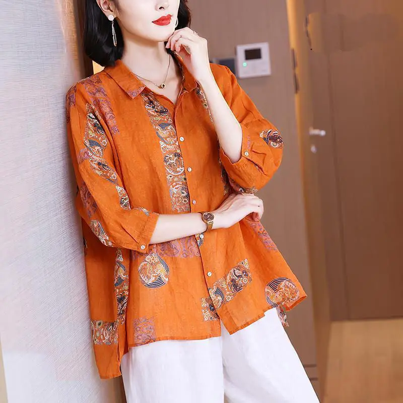 Elegant Vintage Print Oversize Cotton Linen Button Up Shirts Women Summer Fashion Casual Simple Ladies Tops Blouses Clothes 2023