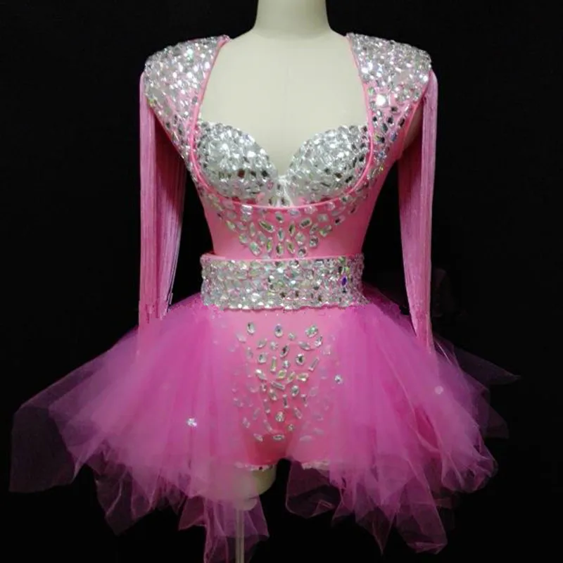 Pink Rhinestones Bodysuit Tutu Dress Sexy Female Singer Model Catwalk Stage Performance Nightclub Bar Party Dance Team Costume