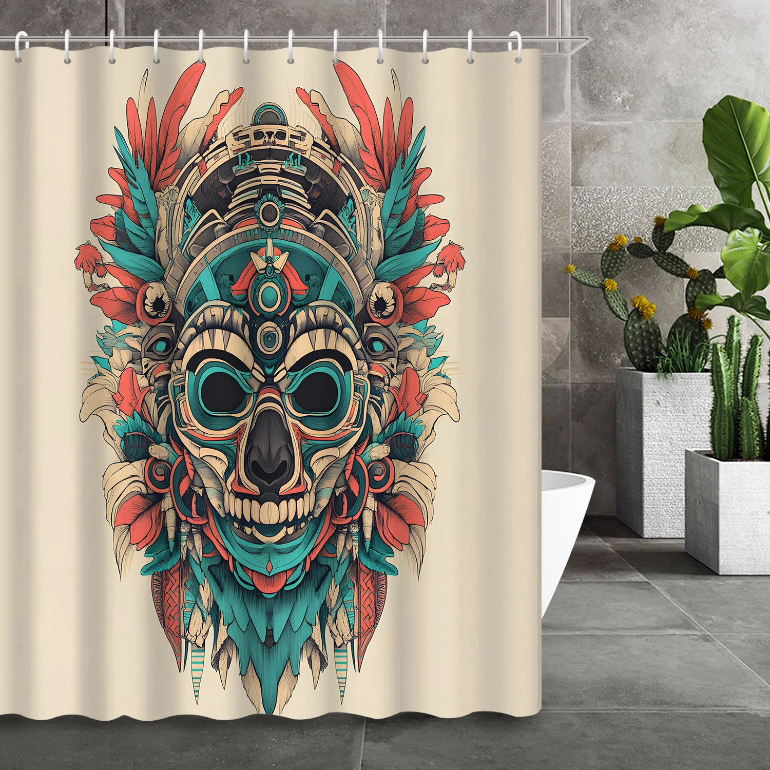 Vibrant Tribal Mask & Feather Shower Curtain - Washable Polyester with Grommet Top & Hook for Bathroom Decor