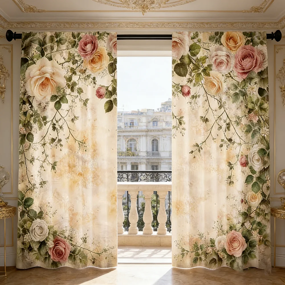 2PCS Digital Printed Curtains, Vintage Retro Flower Victorian Classic, Modern Home Decor Style for Living Room Bedroom Decor