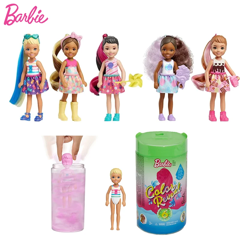 

Original Barbie Color Reveal Mini Chelsea Cutie Dolls Discoloration Surprise Wig Skirt Shoes Sponge Accessories Toys for Girls