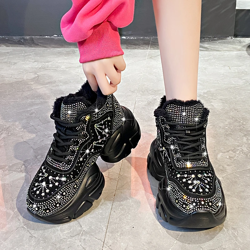Women's Diamond Decoration Luxury Shoes Winter Warm Women's Sneakers Designer Casual Ankle Boots Platform Shoes Zapatos Mujer