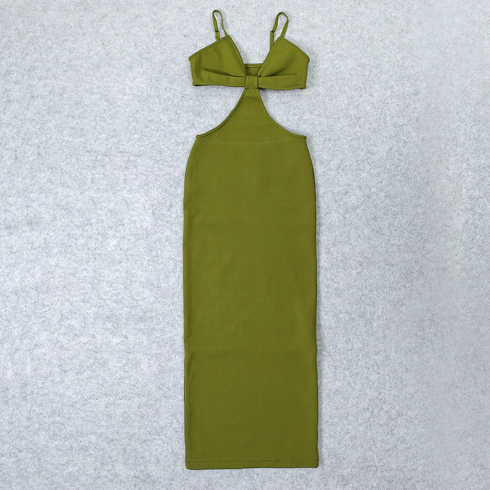 HQBORY elegante vestido largo verde militar con vendaje para mujer, vestido con abertura en la cerradura, sexy, con cuello en V, con lazo, para fiesta de noche, Vestidos tejidos ajustados