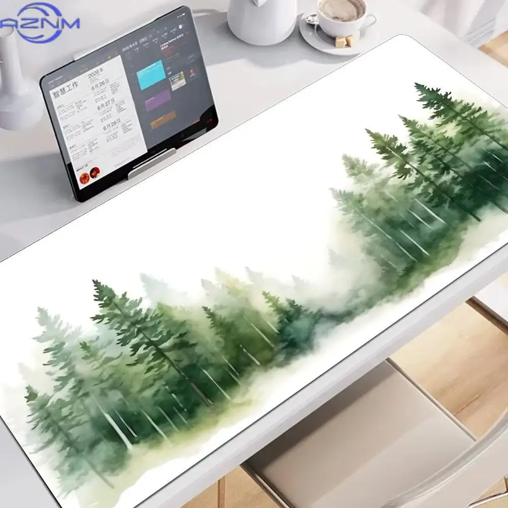 Minimal Woodland Scenery Mouse Pad Waterproof Non‑Slip Soft‑Tone Misty Pine Tree Watercolor Pattern Mousepad Computer Mousepad
