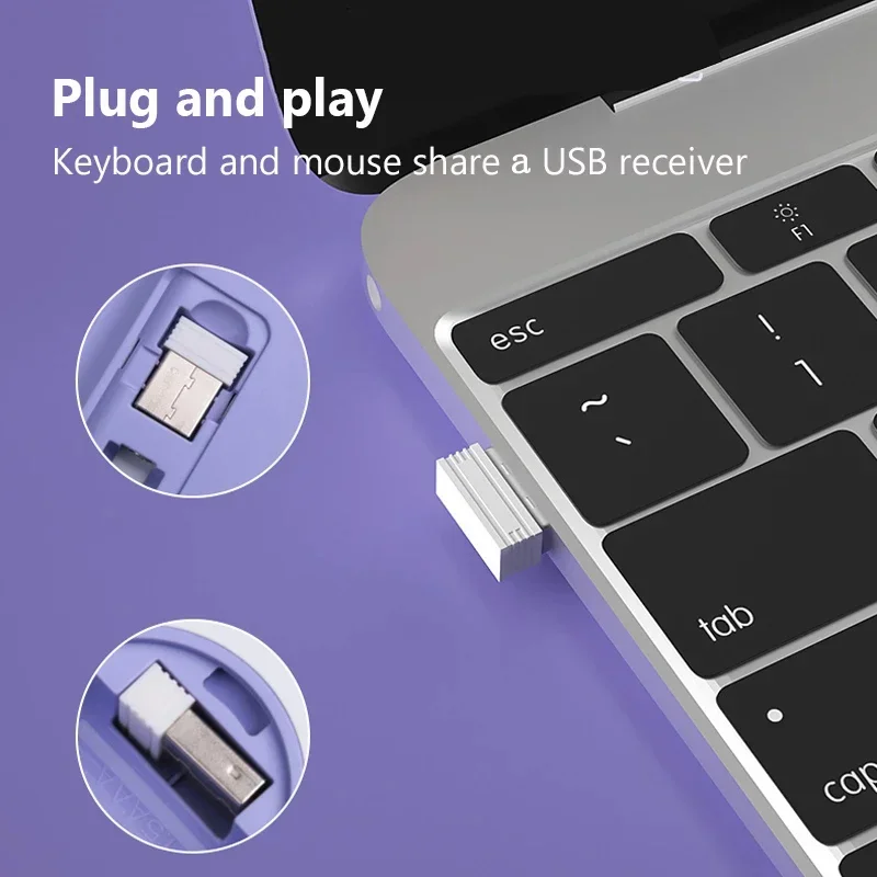 Pastel Lavender Purple Wireless Keyboard and Mouse Set 2.4G Plug and Play Silent Click Portable Lightweight For Laptop PC Office