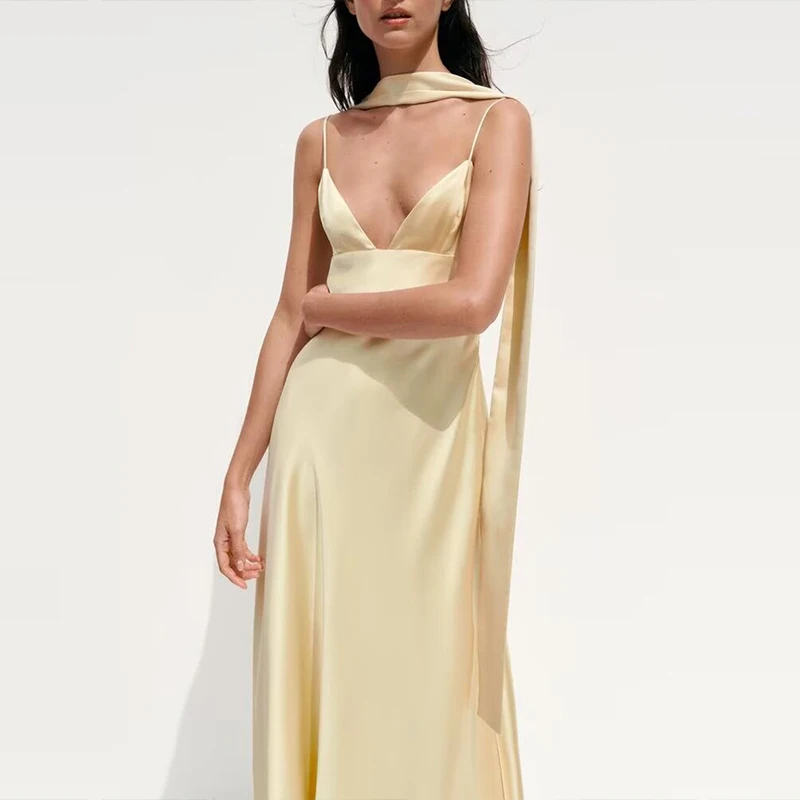 실크 새틴 얇은 스카프 장식 패셔너블한 여름 신상 여성 드레스 Z 하이웨이스트 롱 스커트 브이넥 민소매 가운