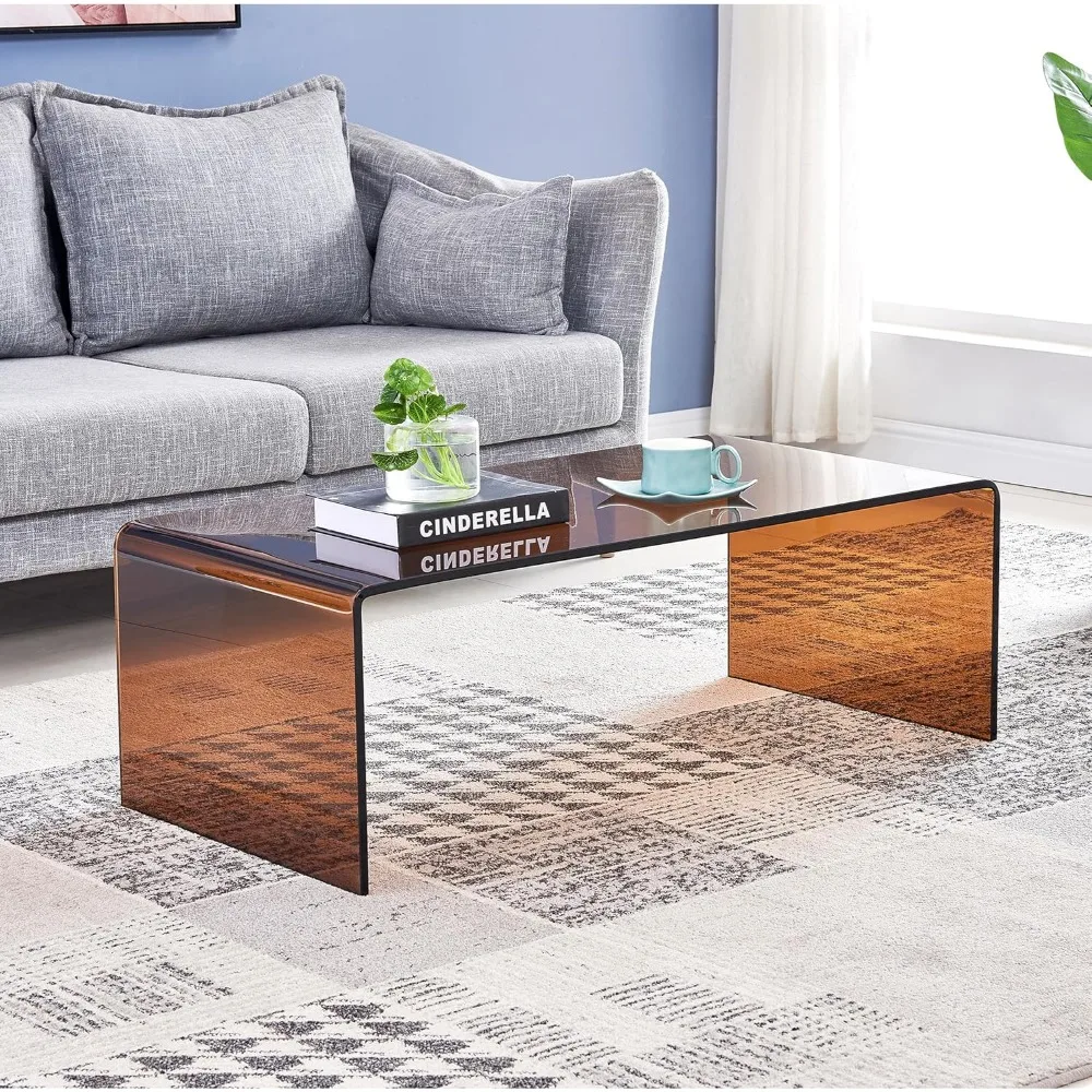 

Glass Coffee Table, Modern Brown Coffee Tables for Living Room, Small Rectangle Tempered Glass Waterfall Sofa End Table