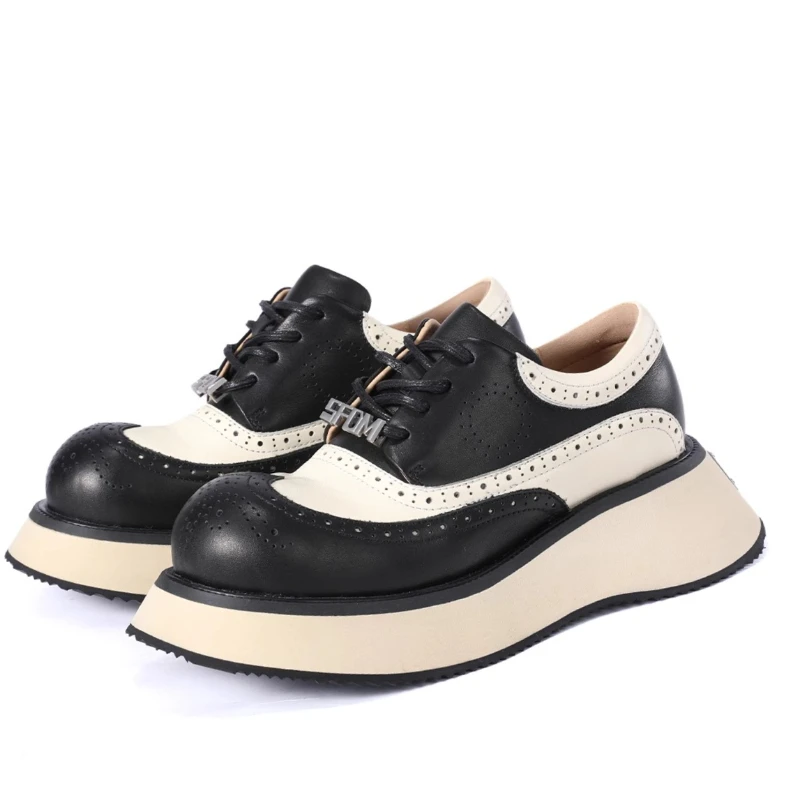 Black and Brown Design Derby Shoes for Men's Thick Soled Height Increasing Shoes Male Genuine Leather Carved Casual Oxhide Shoes