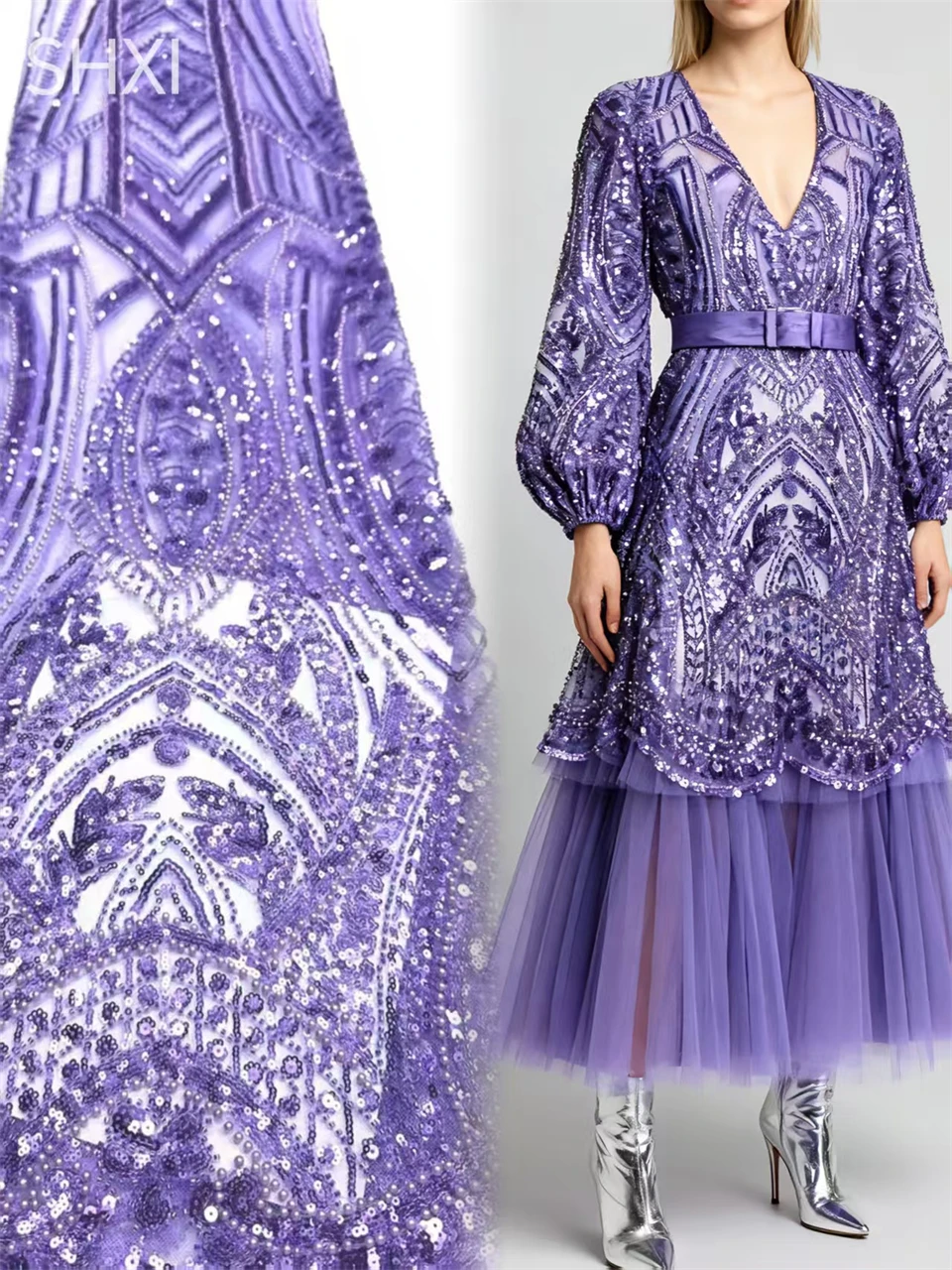 

Noble Purple African Sequins Tulle Lace Fabrics French Luxury Nigerian Beads Lace Fabric For Bridal Wedding Party Dress Sewing