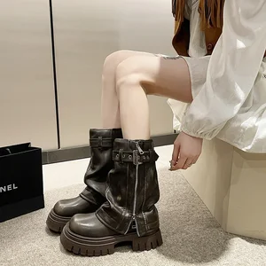 Botlar, kadınlar için tokalı bel kemerli modern yarım buzağı, yan fermuar, yuvarlak burunlu, düz ayakkabılar, yeni moda, yüksek kalite, 2023 En çok satılan 12 bot, ingiliz, kadın-no. 5