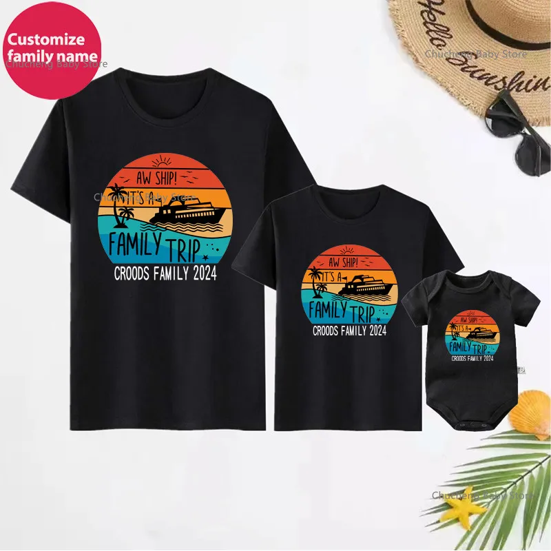 Custom Name Cruise Shirts Aw Ship! It's A Family Trip Family Matching Outfits Cotton Dad Mom Kids Tees Family Vacation Tshirts