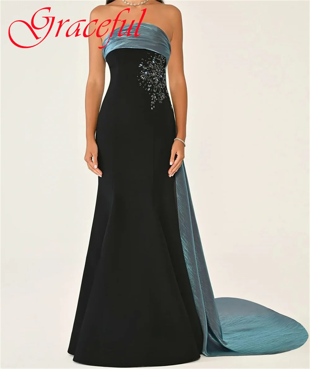 فستان سهرة جيرسي أسود رقيق مخصص أنيق بدون حمالات بدون أكمام لحفلات العودة للوطن كلاسيكي بسحاب خلفي للحفلات