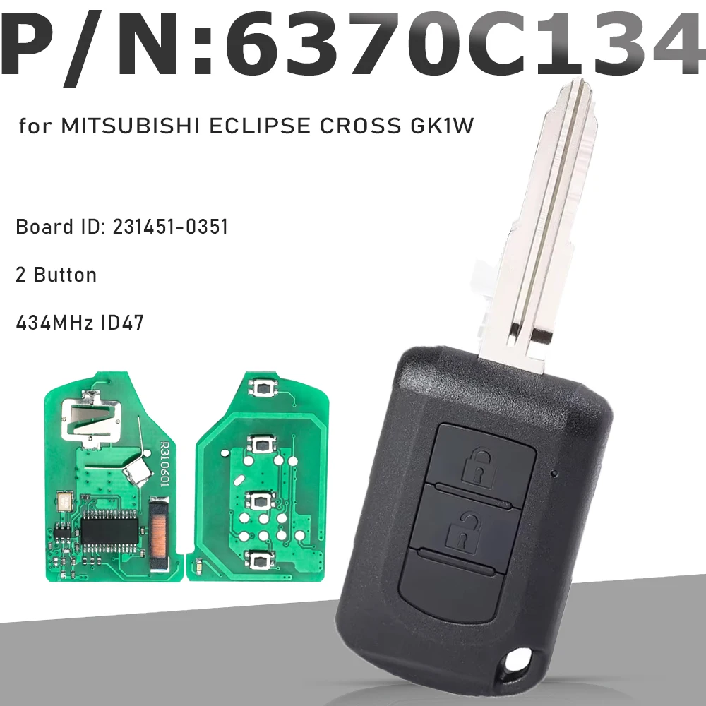 KEYECU P/N: 6370C134 434MHz ID47 2 Button Remote Head key Fob for MITSUBISHI ECLIPSE CROSS GK1W / GK2W /GK9W 2017.10.1-2020.12.3