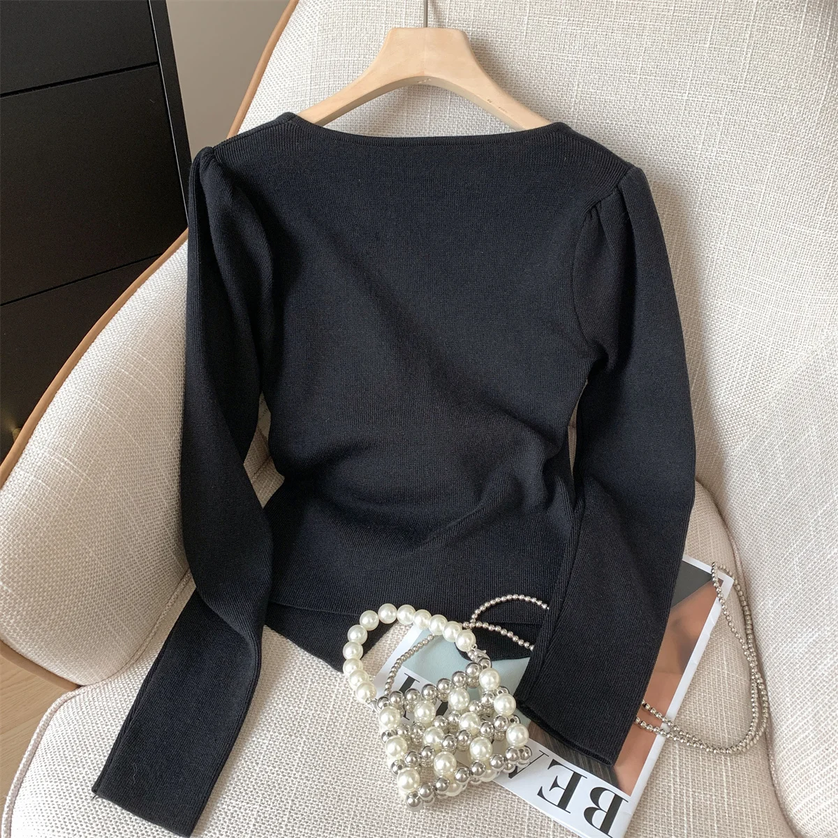 ผู้หญิงสีดํา Spliced สแควร์คอโบว์ปุ่ม 2000s ภาษาฝรั่งเศสคํา Elegant Basic แขนยาว Slim BBase เสื้อกันหนาวฤดูใบไม้ร่วงและฤดูหนาว