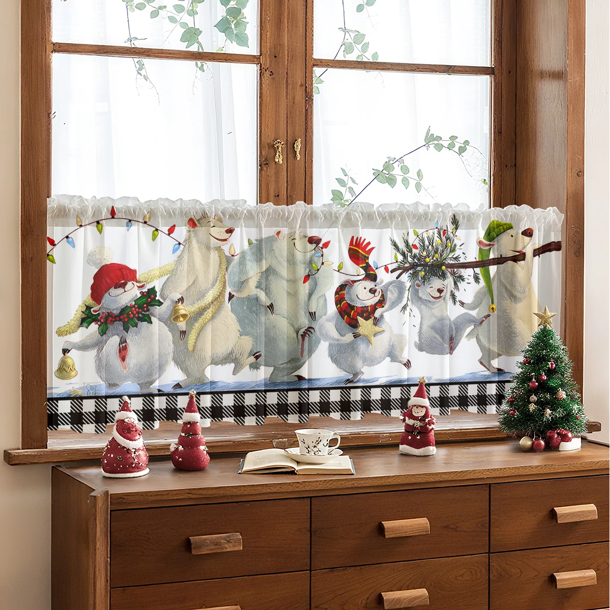 1 Piece Christmas Decorative Printed Curtain - Christmas Animal Design, 100% Polyester Fiber Light-Filtering Rod Pocket Curtain, Suitable for Small Windows/Kitchen/Bedroom/Dining Room, Machine Washable and Easy to Install, Christmas Decoration, Holiday-Themed Fabric, Smooth Material