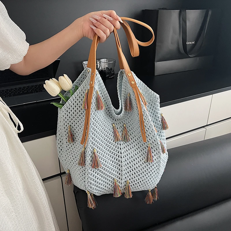 

Summer Beach Bag For Women Large Capacity Knitted Shoulder Bags Hollow Tassel Travel Shopper Totes Ladies Fashion Handbag