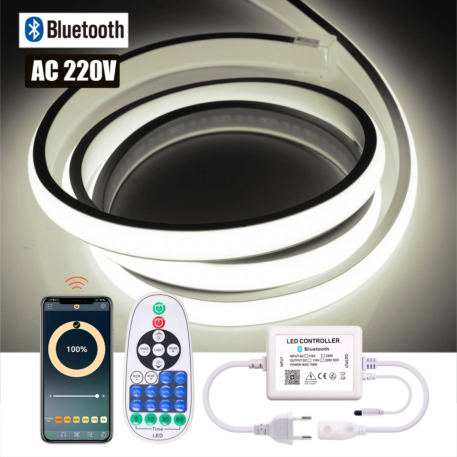 

Bluetooth APP Dimmerable Neon Strip AC 220V Waterproof 3000K 4000K 6000K Home Decor Flexible Stripe Chain Tape LED Light