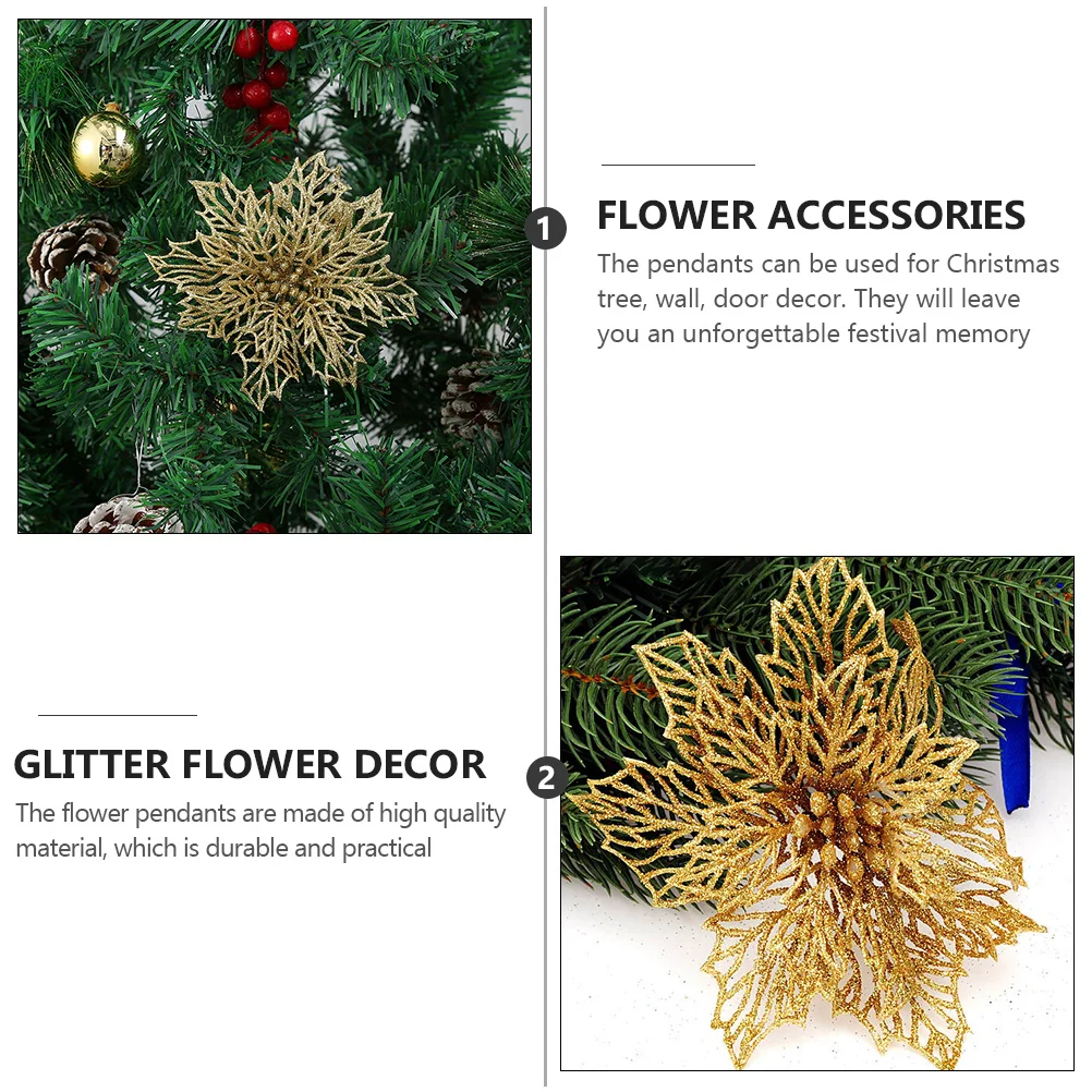 

12Pcs Festival Flower Decor Glitter Flower Pendant for Christmas Tree Wall Door Selected Material Not Easy to Deform