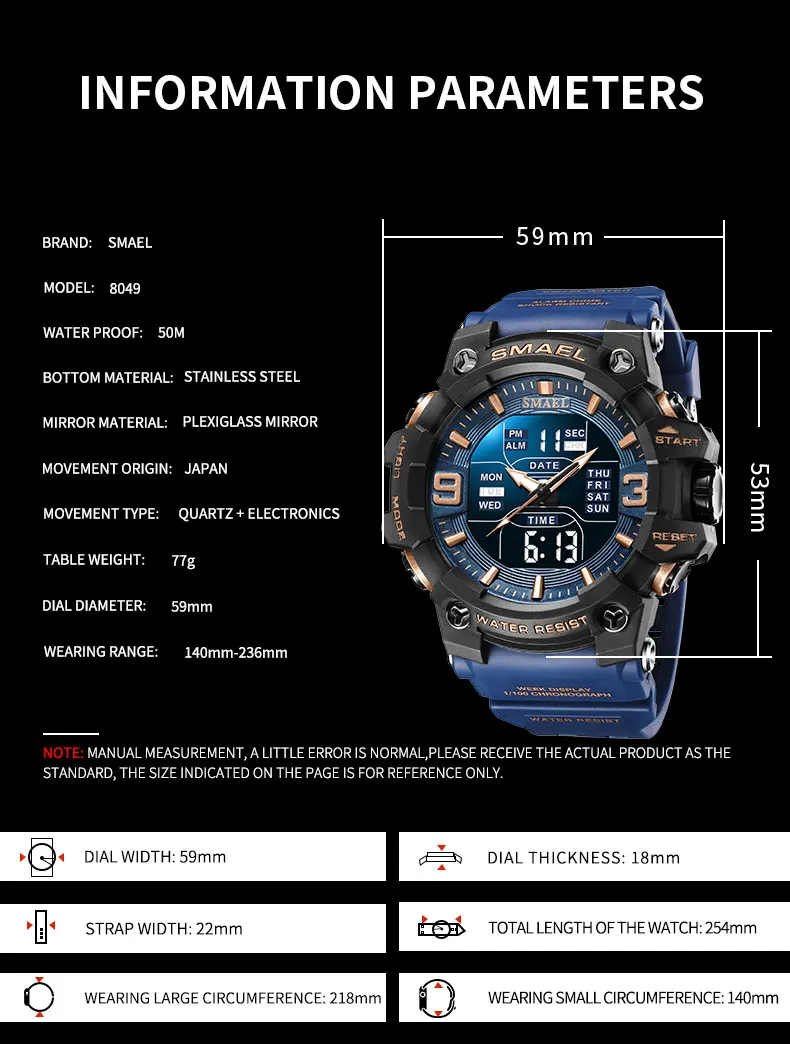 SMAEL 8049 Watch Sport LED Light Alarm Clock Dual Time Display WaterproofWeek Auto Date Wristwatches Quartz Sbdb47c1192d54803b303df3d8dd52facW
