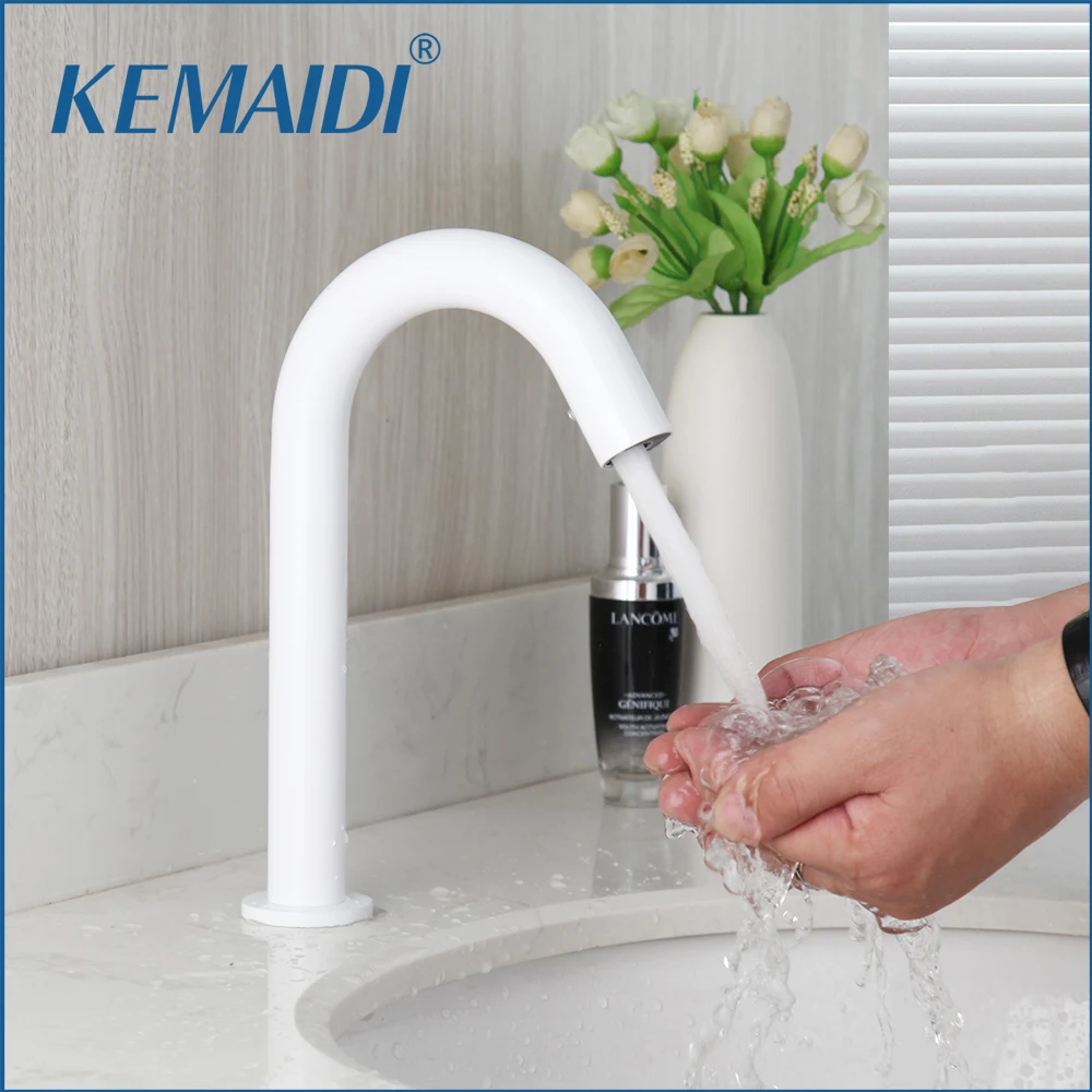 

KEMAIDI White Automatic Touch Free Sensor Bathroom Faucet Solid Brass Mixer Tap Water Saving Inductive Electric Power Faucets
