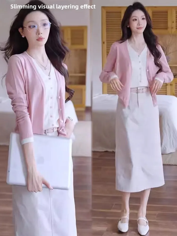 

Korean Style Knitted Cardigan High Waist Skirt Two Piece Set Spring Autumn New Fashion Commute Women's Set V Neck Zipper