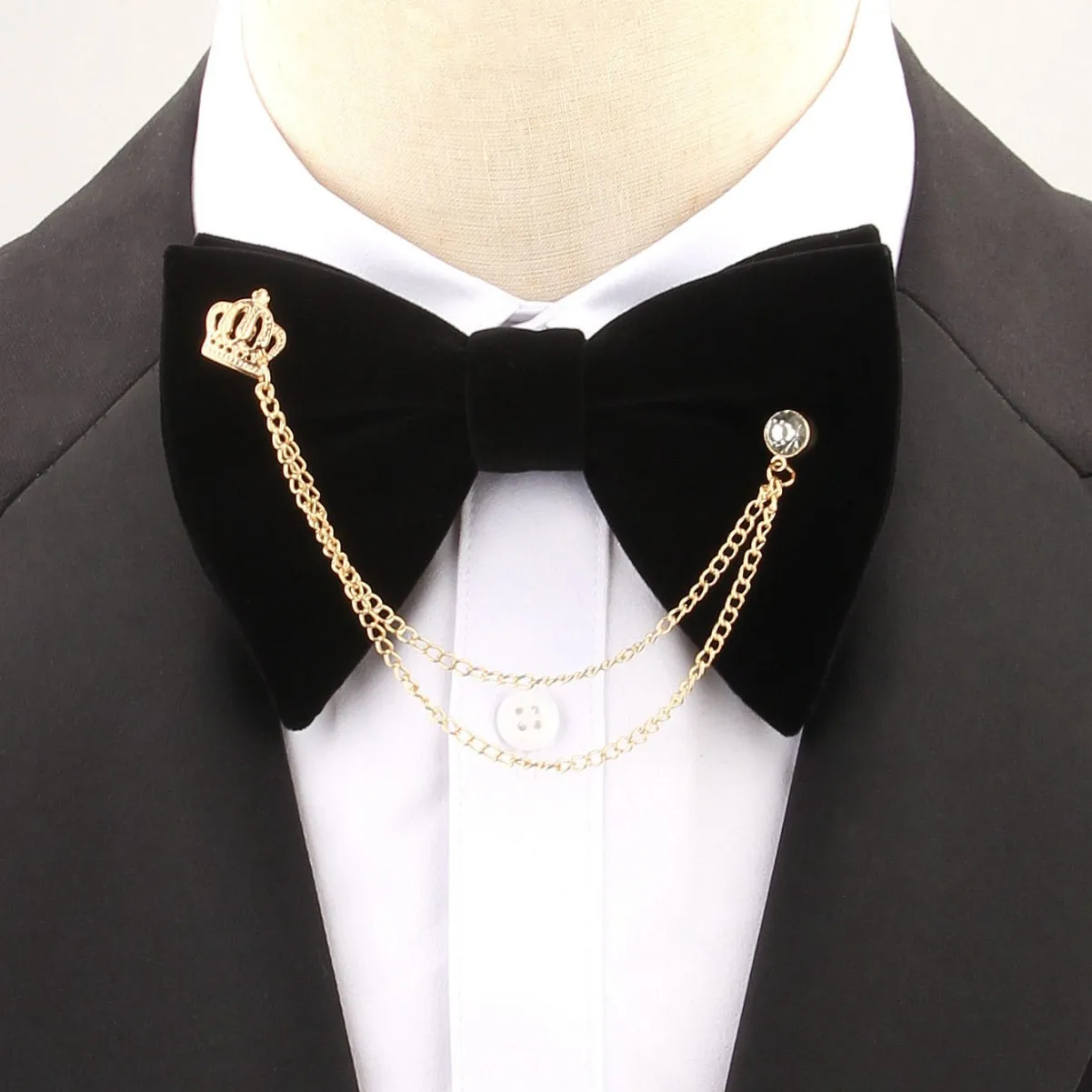 Solid Color Tie Men Metal Chain Tassel Crown Velvet Double-layer Banquet Wedding Suit Dress High-end Accessories Adjustable