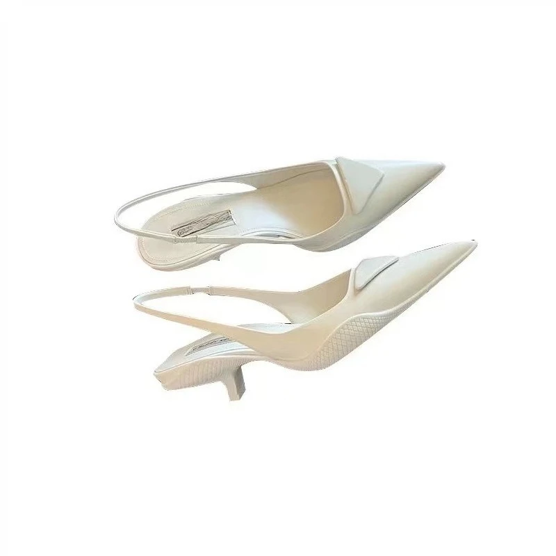 

Triangle standard pointed sandals women's 2025 spring new leather rear empty rear strap high heels cat heel women's shoes