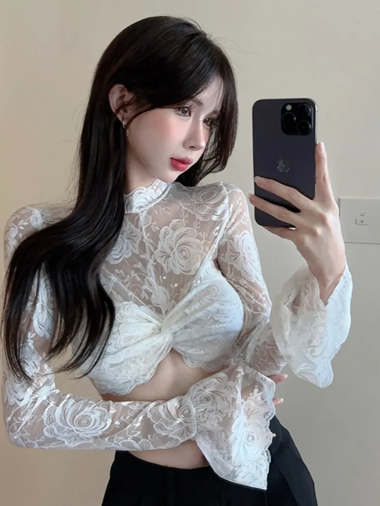 

Ранневесенний топ Aosphere Spicy Girl с цветочным узором, кружевом и вырезом на животе, прозрачный, женский, красивый, с запахом на шее, облегающий.