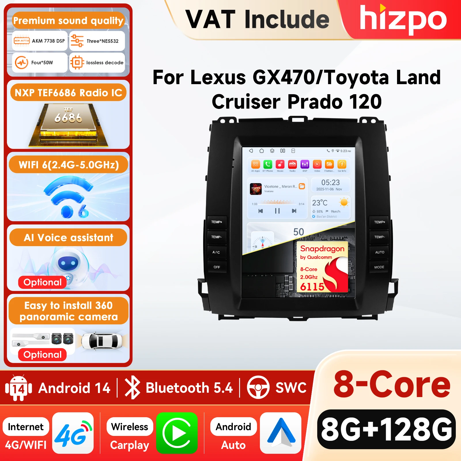 Autoradio Hizpo para Toyota Land Cruiser Prado 120 2002-2009 Lexus GX470 reproductor de Audio CarPlay Android Auto Bluetooth Multimedia