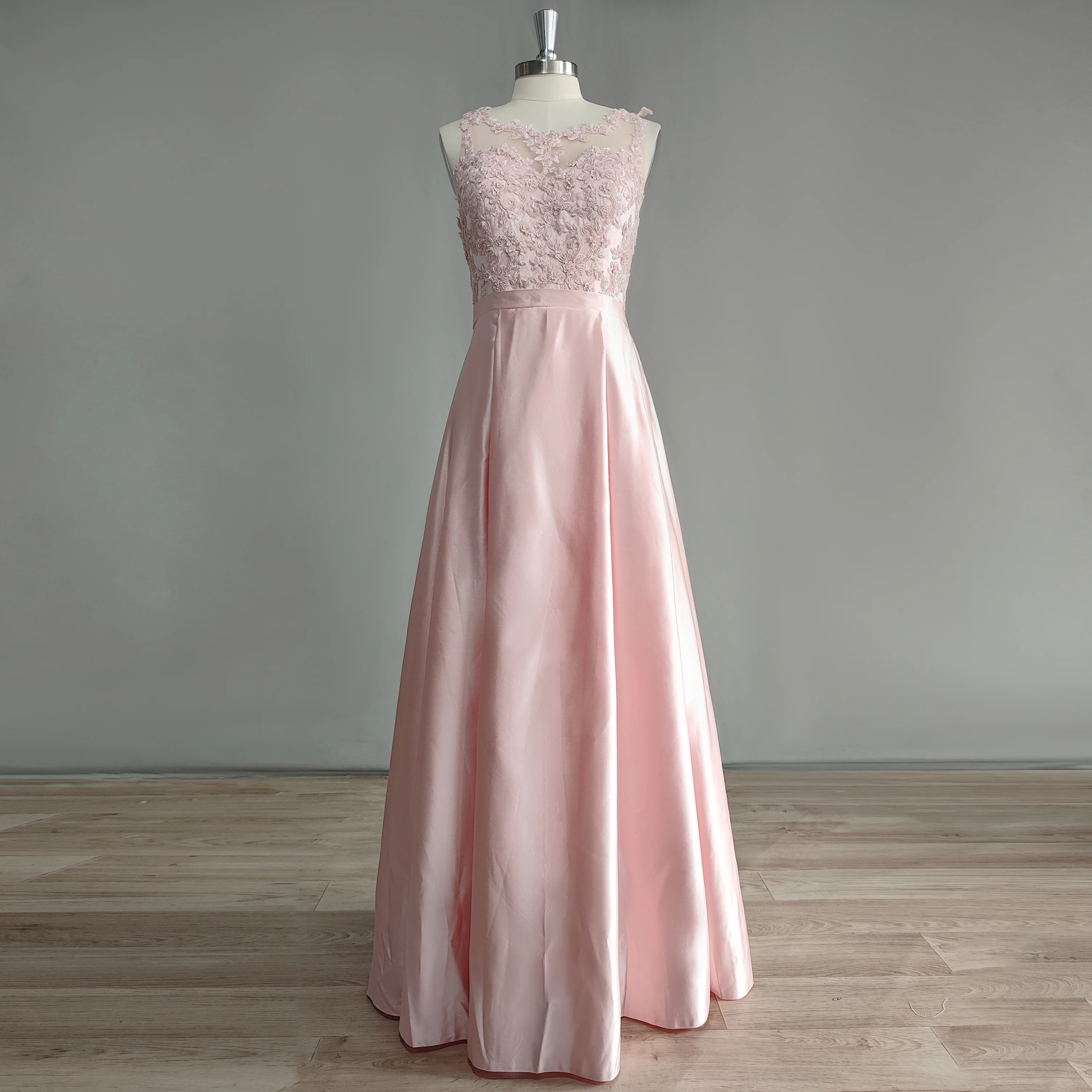 DIDEYTTAWL Real Photos Pink Sleeveless O Neck Evening Dress Beaded A Line Sheer Back Satin Floor Length Prom Gown