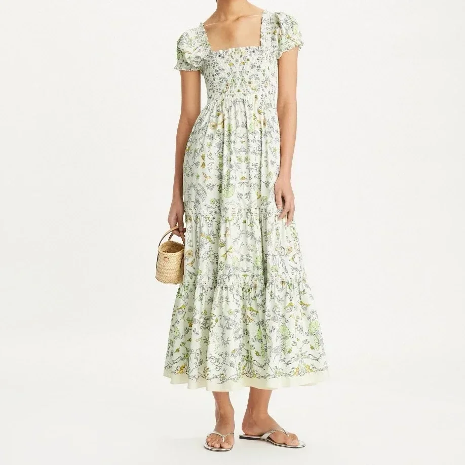 

Новое поступление 2024, женское белое платье миди с квадратным вырезом и принтом насекомых Morning Glory, с короткими рукавами, высокое качество