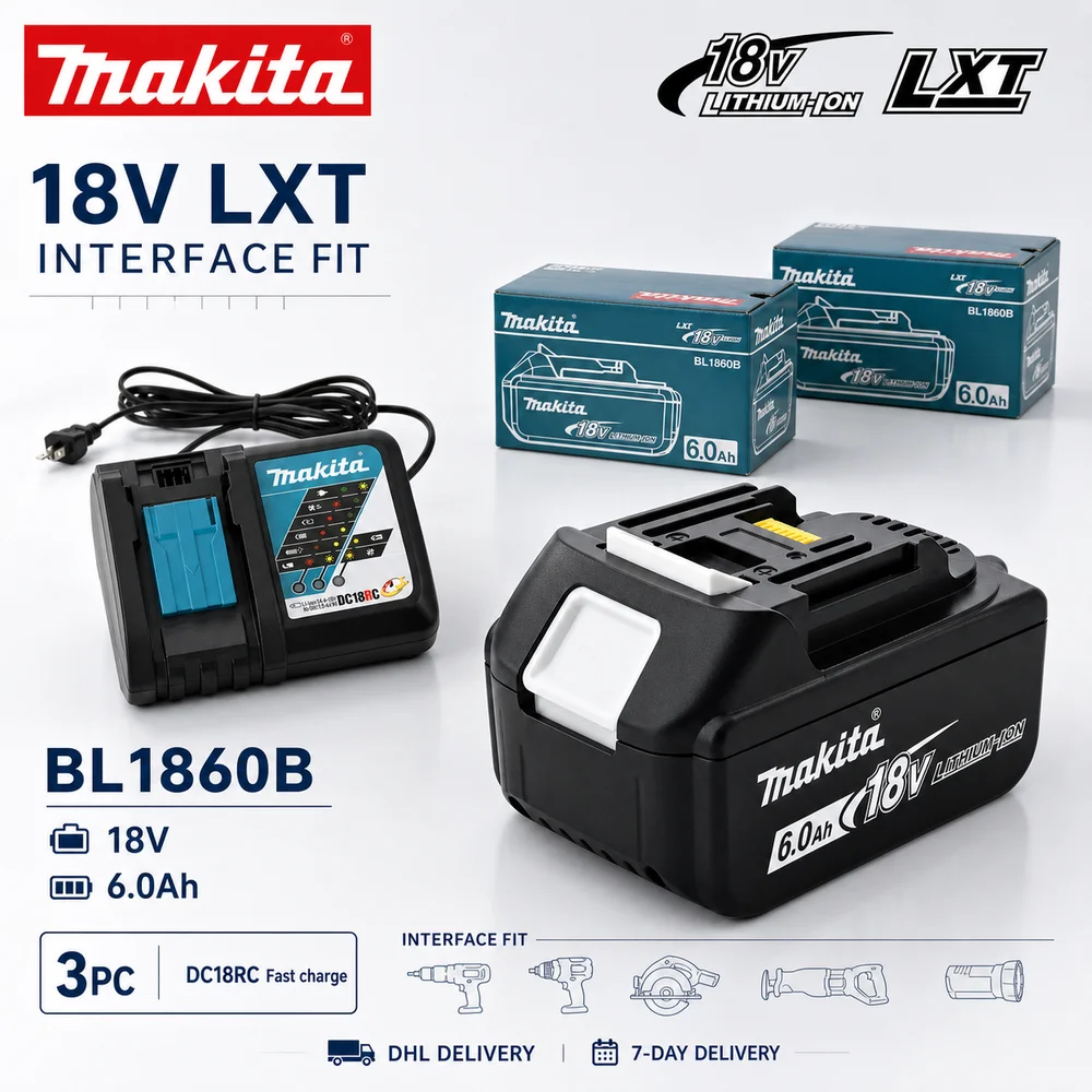 Makita-BL1860B-18V-6.0Ah Original Makita Li-Ionen-Akku, 18V LXT Slide-on-Schnittstelle, kompatibel mit BL1815 BL1815N BL1820 BL1830B BL1850B BL1860, nur Akku oder DC18RC Schnellladegerät, BL1840,