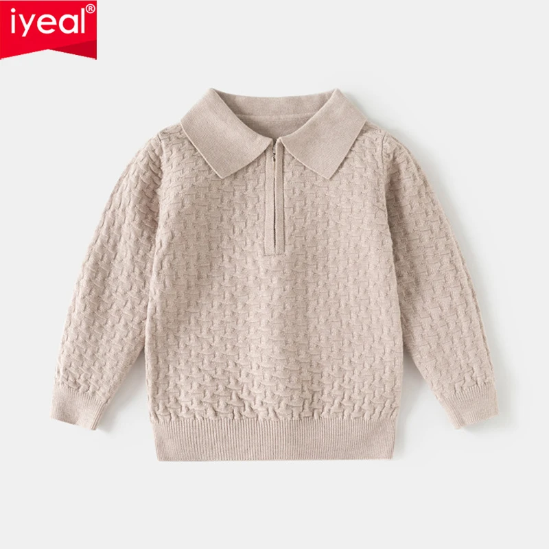 IYEAL Kids Boys Girls Polo Collar Sweater Half Zip Knit Pullover Solid Textured Long Sleeve Children Warm Jumper Top