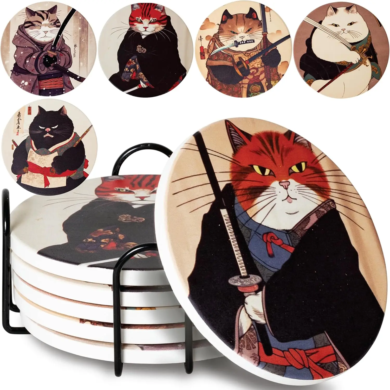 

6-Piece Set Cat Coasters Ninja Edition Anime Kitty Decor for Family Party Decoration Office Ceramic Cork Coasters Holiday Gifts