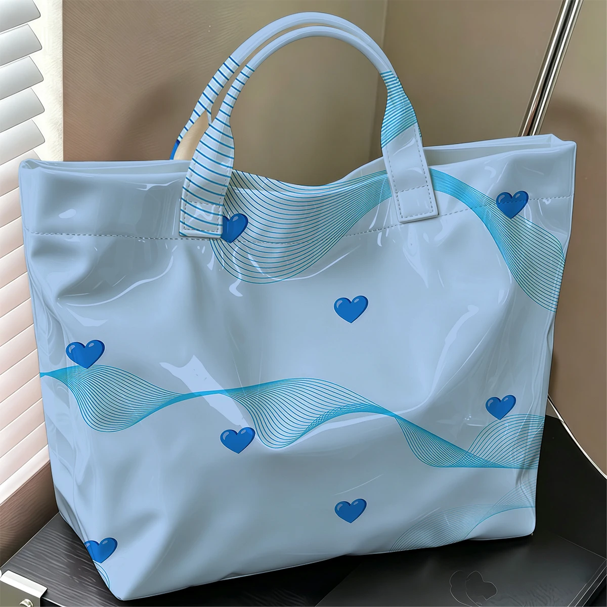 Blue Wave Hearts Hot Sale Large Glossy PVC Tote Bag Hand Washable Waterproof Great for Travel Commute Makeup Storage Handbags