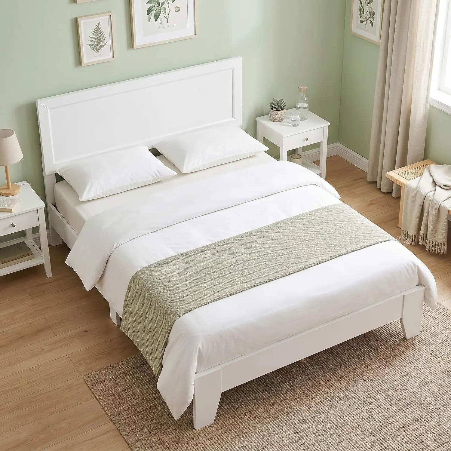 Queen Size Bed Frame, Modern Platform Bed with Headboard, Wooden Slat Support Mattress Foundation, Under-Bed Storage Space, No B