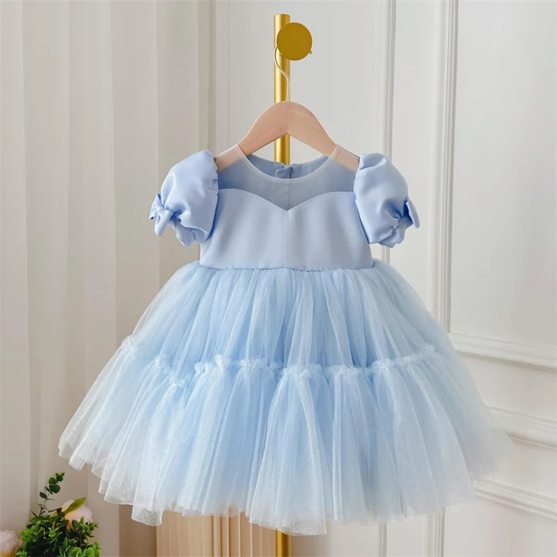 Baby Kids Princess Satin Tulle Bow Flower Girl Dress Children First Communion Dress Ball Gown Wedding Party Dress Birthday