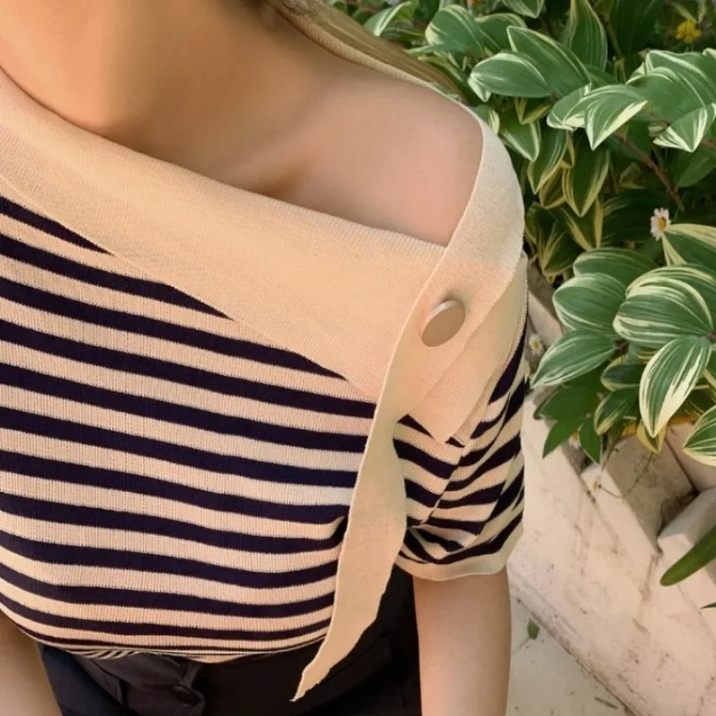 Neploe Fashion Striped Off Shoulder T-shirts Summer Thin Ice Silk Knitted Tops Women 2024 New Slim Fit Short Sleeve Tee Shirt