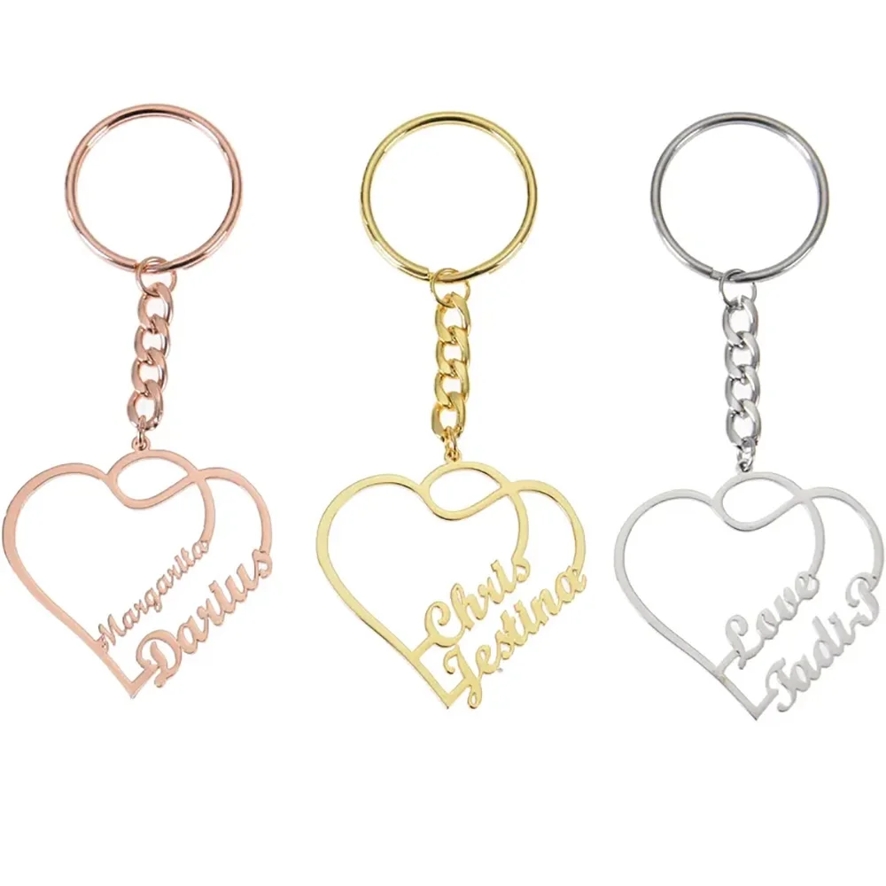 Personalized Couple Keychain Customized Double Name Heart Pendant Stainless Steel Key Ring Fashion Jewelry Christmas Gift