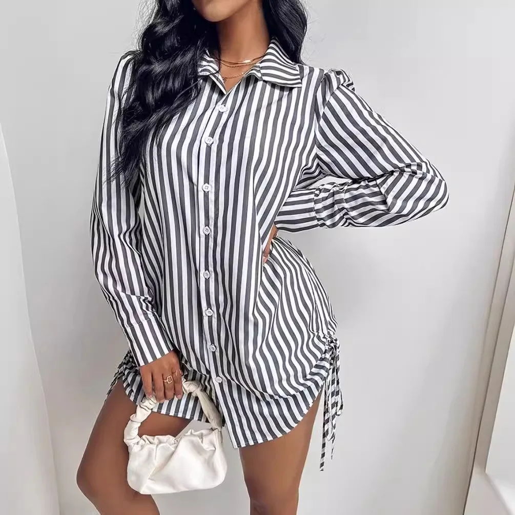 

Blouses Women Shirt Casual Tops Lace Striped Button Up Long Sleeve Shirts Single Breasted Top Elegant Autumn Office Lady 2025