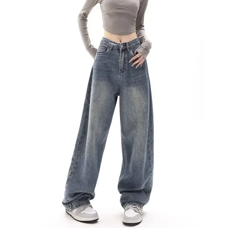 Jeans taille haute à jambes larges pour femmes, pantalons en denim baggy, style streetwear droit, vêtements rétro pour dames, mode coréenne Y2K, surintendant, bleu