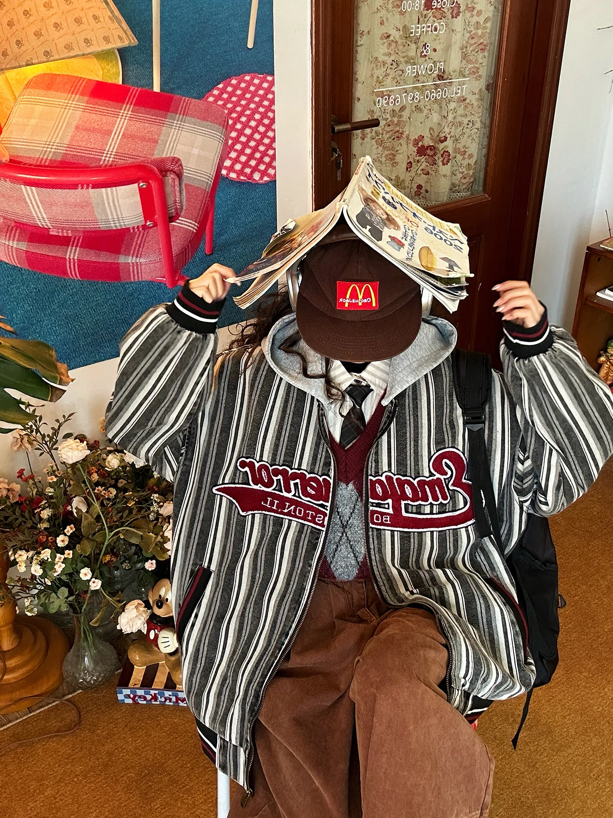 Retro American Striped Letter Embroidery Baseball Jaet Loose ex Spring New Sle Casual Loose Fit ort Outerwear