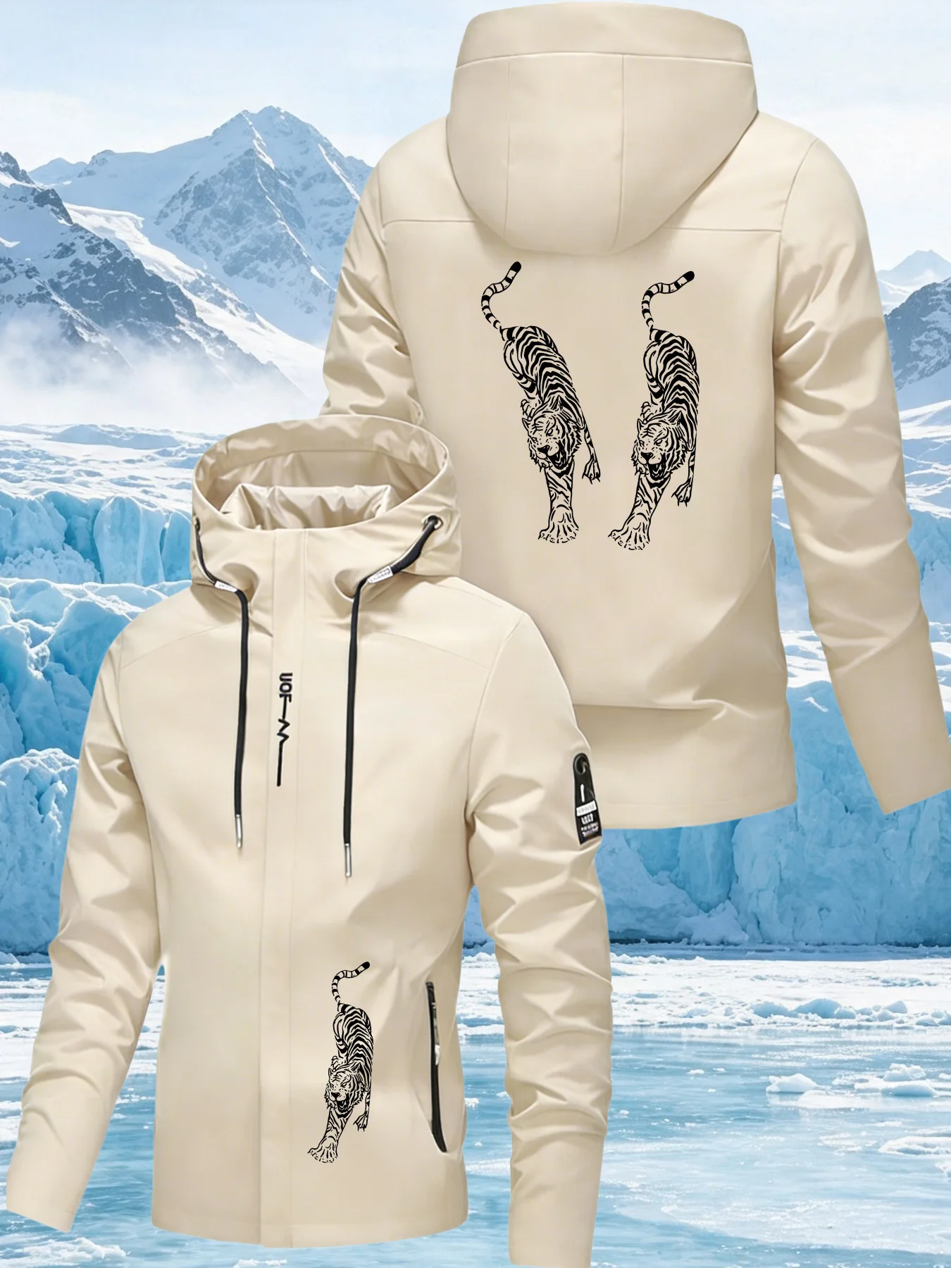 Men's Double Tigers Print Hooded Jacket – Outdoor Hooded Windbreaker, Waterproof & Windproof, Spring/Autumn Workwear Coat