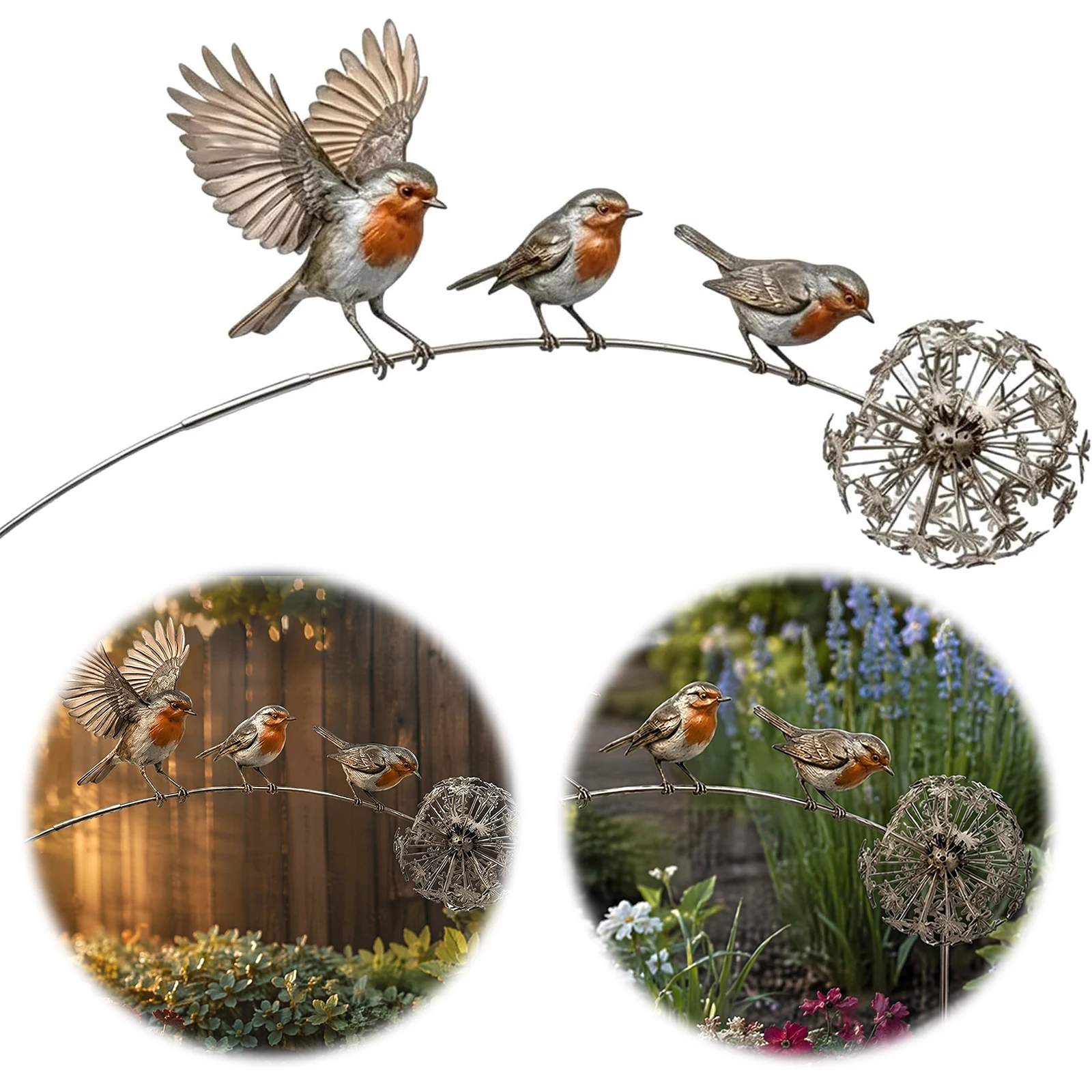 Ornement de jardin rustique en métal avec 3 oiseaux rouges et motif pissenlit pour pelouse, patio et parterre de fleurs