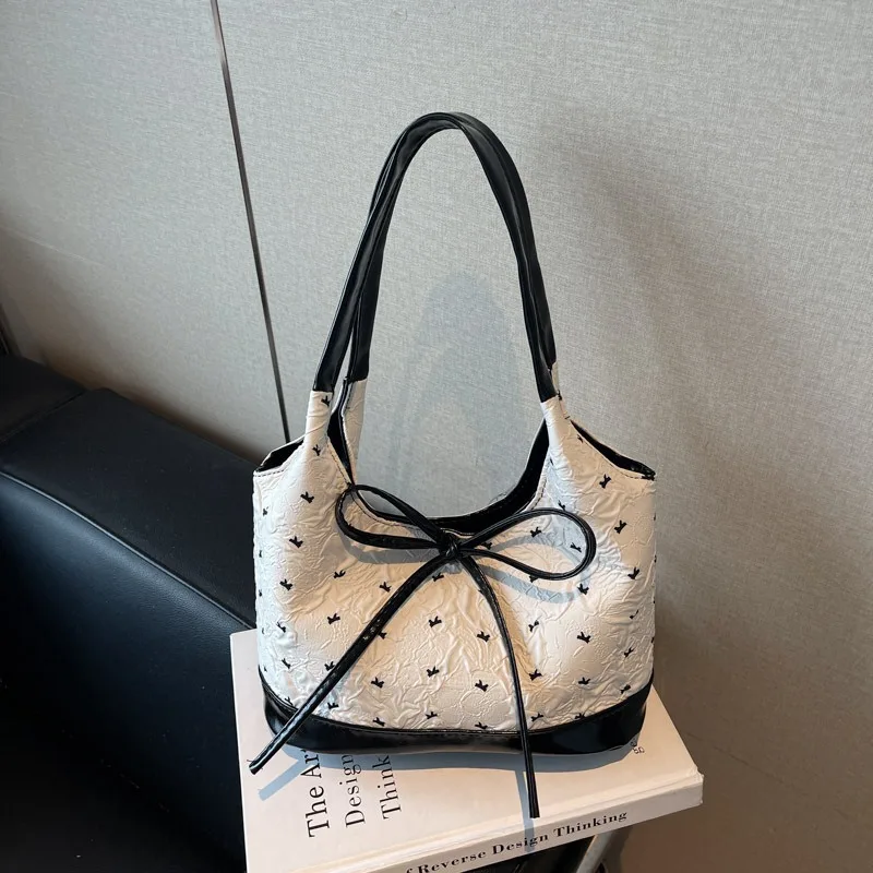 Cute Pink Bow Tote Bag Contrast Handbag Shoulder Bag Large Capacity Soft Fabric Daily Shopping Casual Handbags Purses for Women