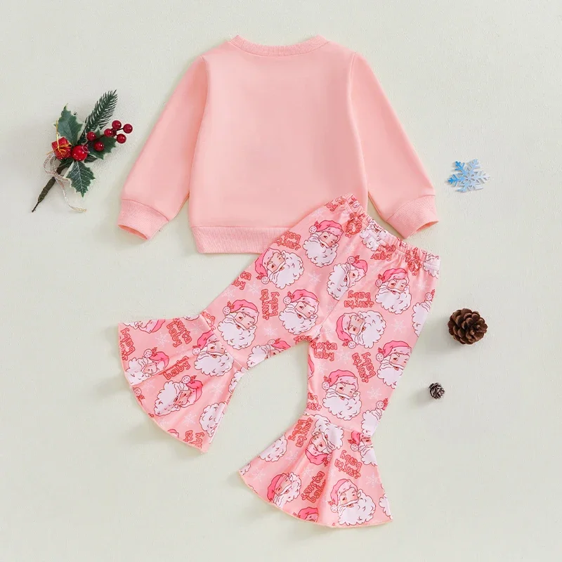 2024-07-27 Lioraitiin Toddler Girl Christmas Outfits Santa Embroidery Long Sleeve Sweatshirts and Flare Pants 2Pcs Clothes Set