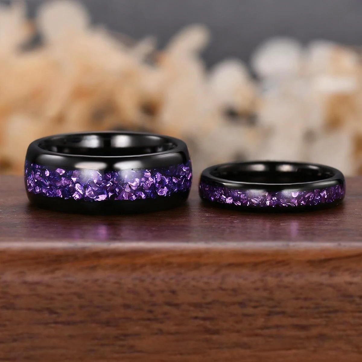8MM/4MM Black Tungsten Carbide Rings Couple Wedding Bands Fashion Jewelry Men's Women's Engagement Rings Amethyst Promise Ring