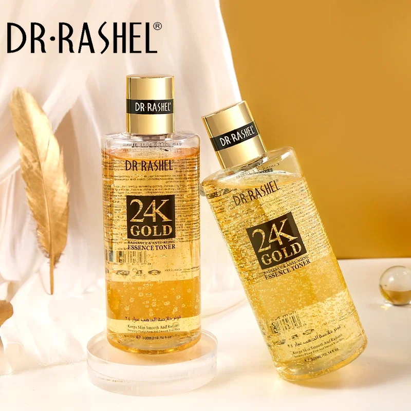 DR.RASHEL 24K Gold Facial Essence Toner Shrink Pores Moisturizing Anti Aging Wrinkle Brighten Skin Care Water Face Serum 300ml