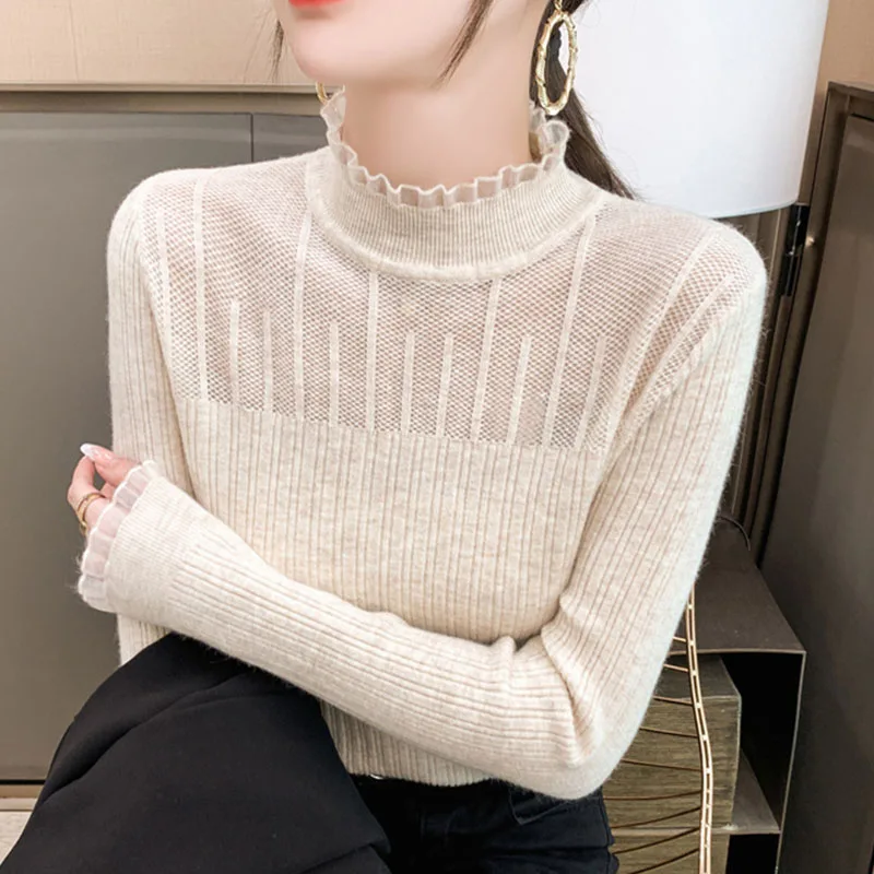

Knitted Sweater Women Pullovers New Long Sleeve Ruffled Collar Knit Sweater Pullover Women Tops Sweaters Sueters De Mujer Q1149