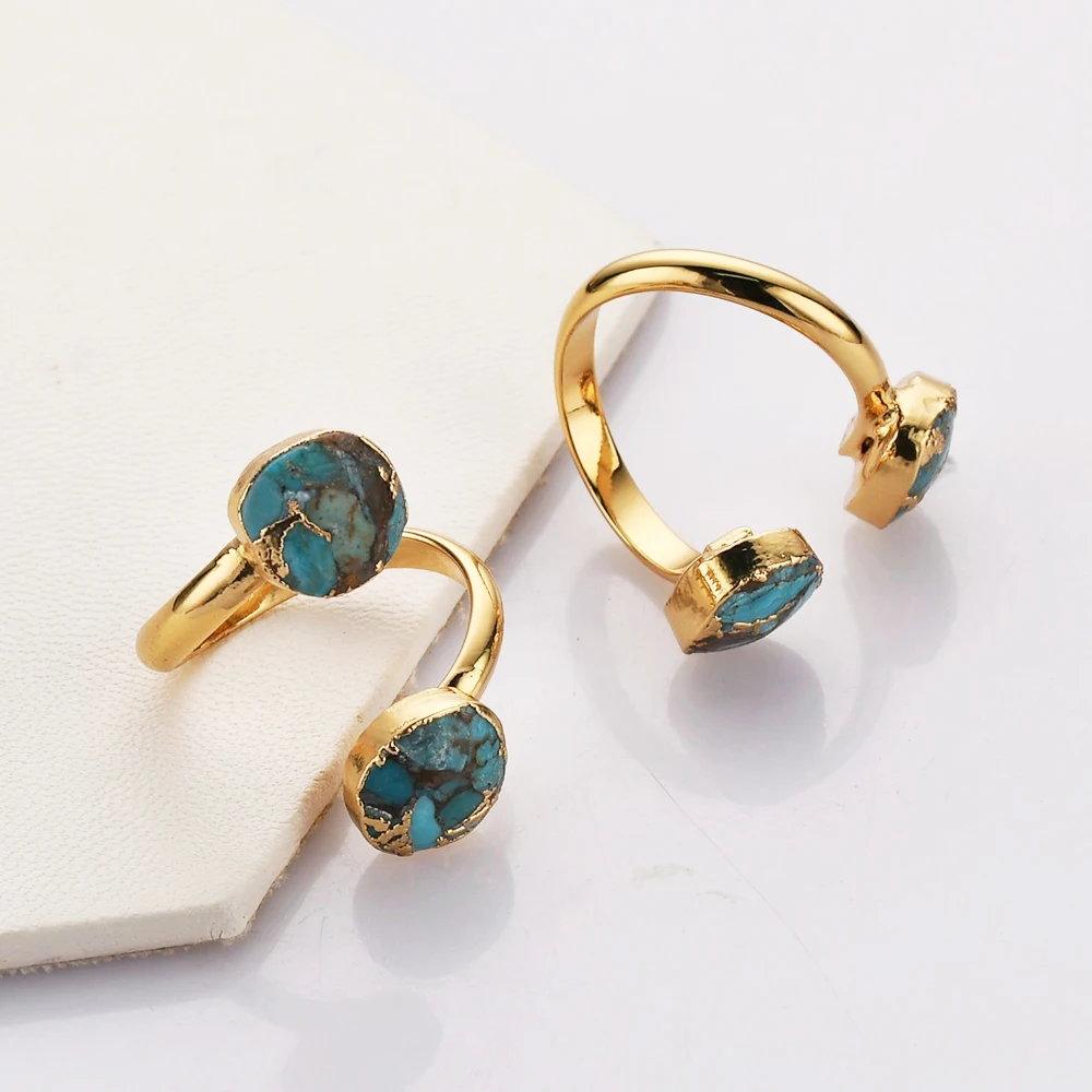 BOROSA Golden Color Druzy Natural Blue Stone Open Ring Fashion Copper Turquoise Adjustable Rings for Women Wedding Jewelry Gifts